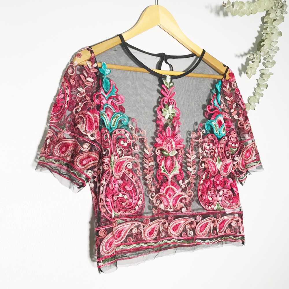 Boho Mesh Floral Embroidery Crop Top SZ Small